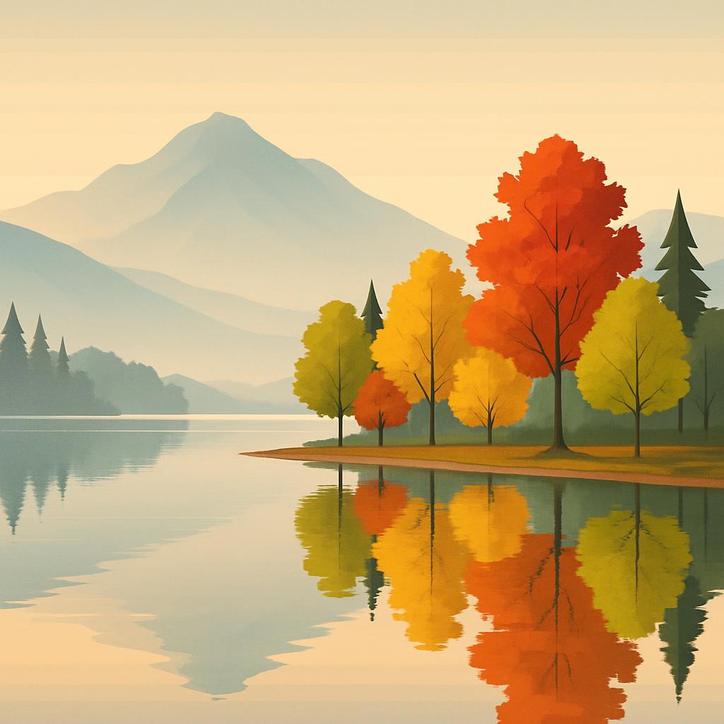 An image of a lake with trees in autumn colors.