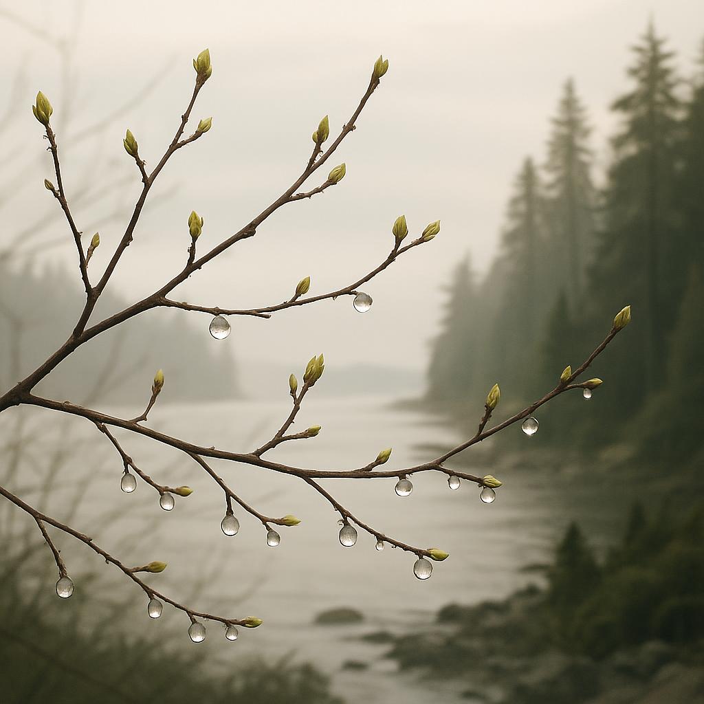 Branches covered in dew droplets, forest or lake in the background
