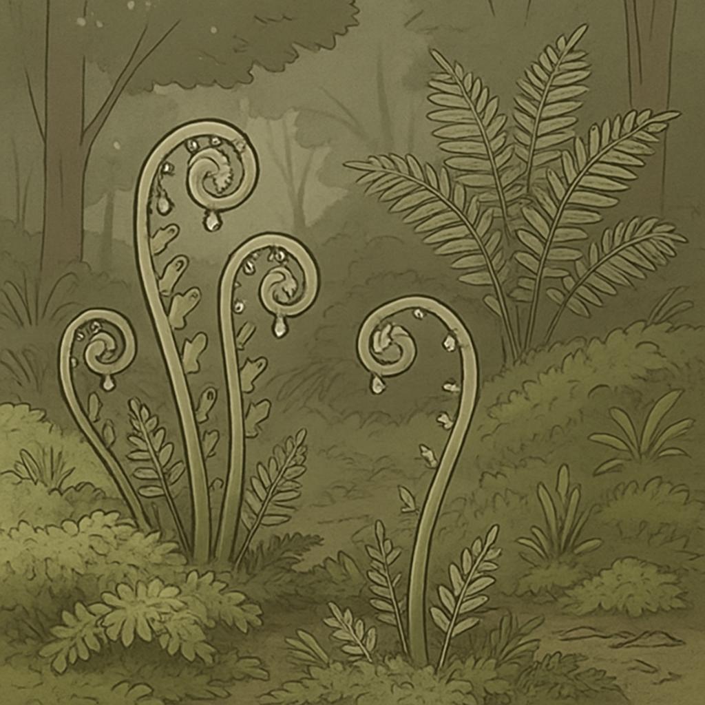 A cartoon illustration of several ferns in a forest, set against a muted greens and browns background. The overall mood is...