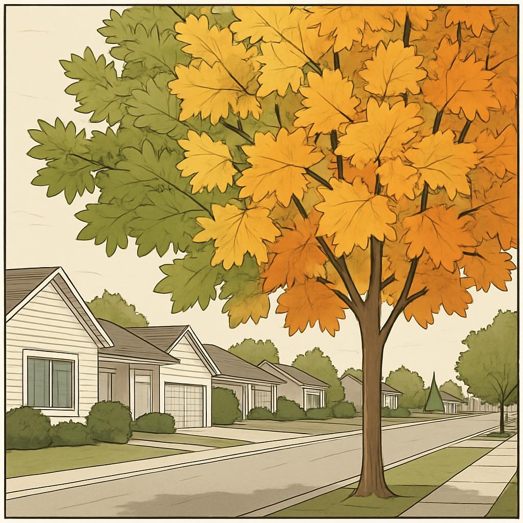 An image of an illustrated community street featuring towh evergreen trees with their full canopy, and houses, utilities, ...