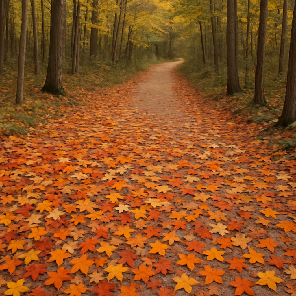 Autumn forest path covered in fallen maple leaves and surrounded by tree trunks